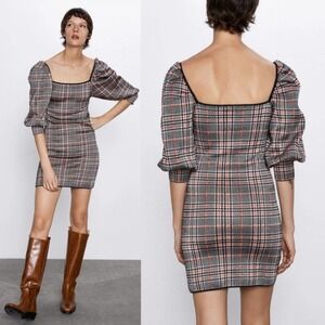 New Blogger's Fav ZARA Plaid Check Square Neck Puff Sleeve Mini Dress Small‎